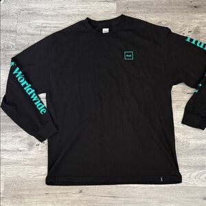 HUF Black Long Sleeve Tee with Teal Logo and Sleeve Graphics